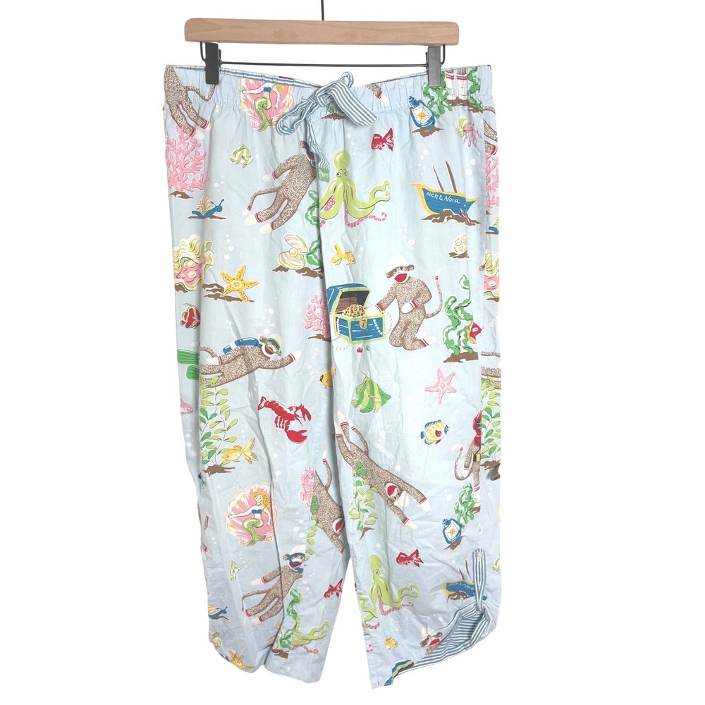 Nick & Nora Sock Monkey Under the Sea Scuba Pajama Pants Blue Cotton Women Large